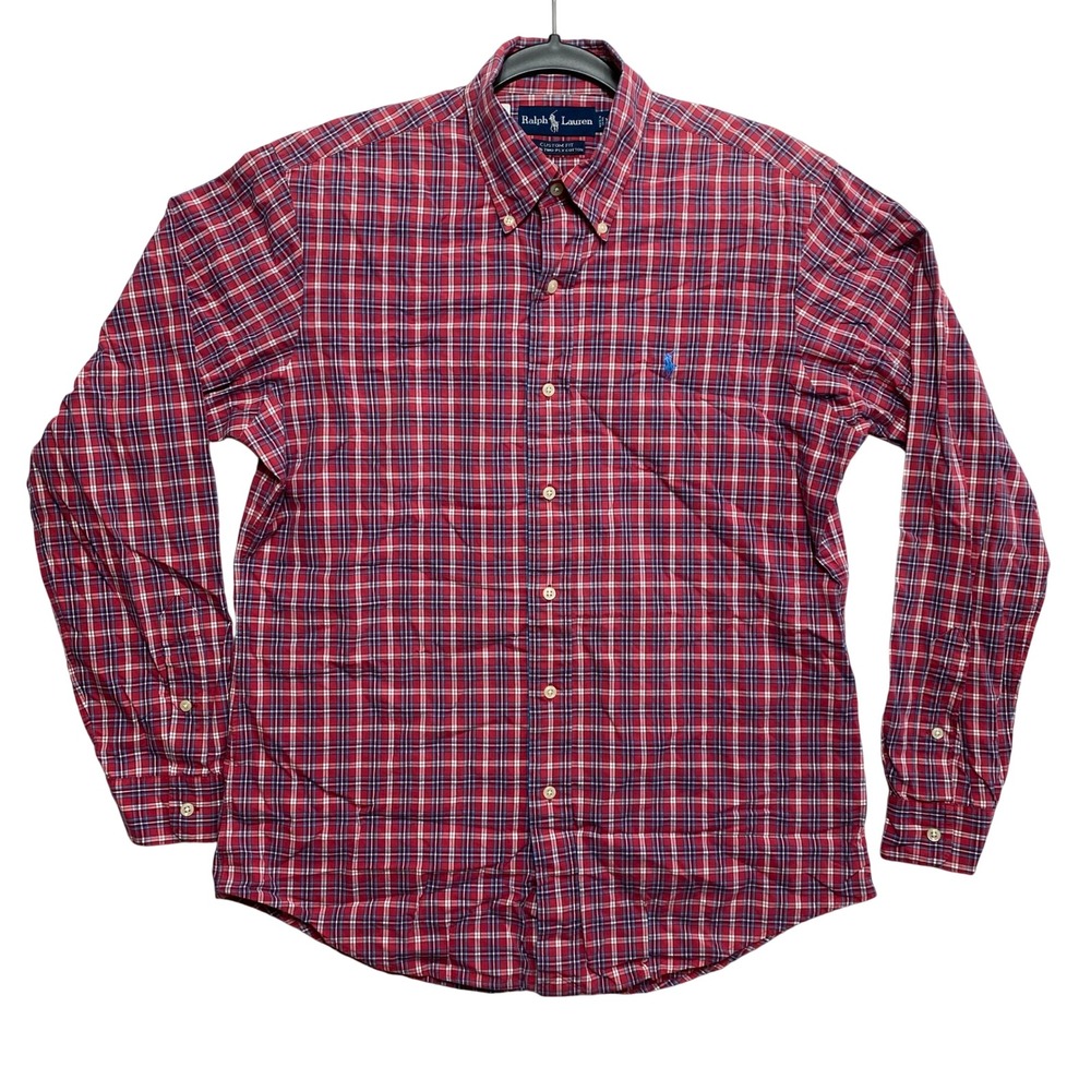 Ralph Lauren Shirt Mens M Red Plaid Custom Fit Button-Down 100% Two-Ply Cotton